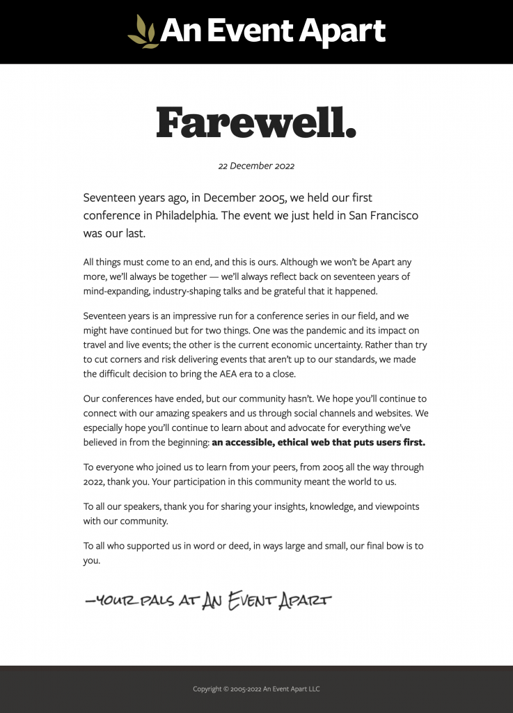 A screenshot of the farewell message on An Event Apart's website