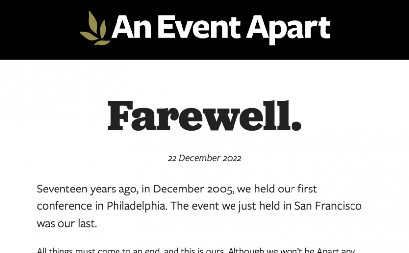 A cropped screenshot of the farewell message on An Event Apart's website